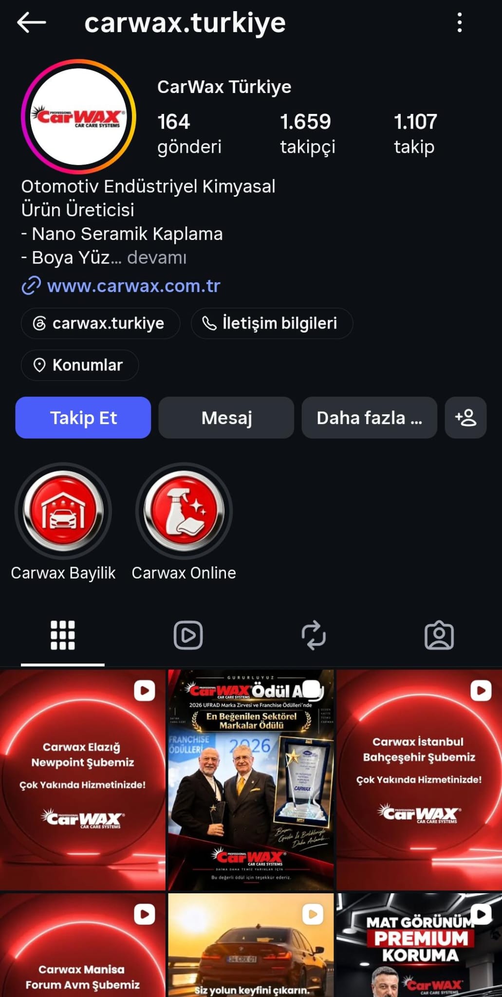 Carwax Türkiye Instagram profil ekranı