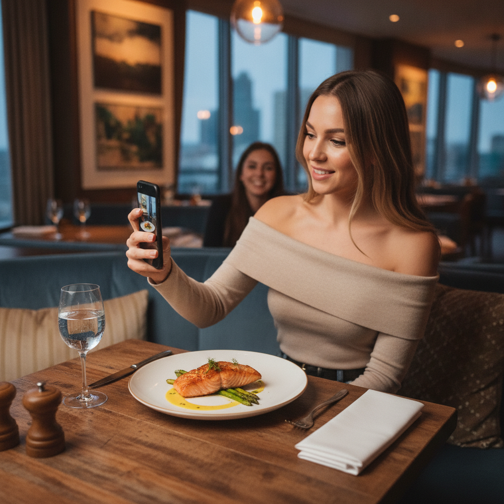 Bir influencer otel restoranında lezzetli bir yemeği görüntülüyor